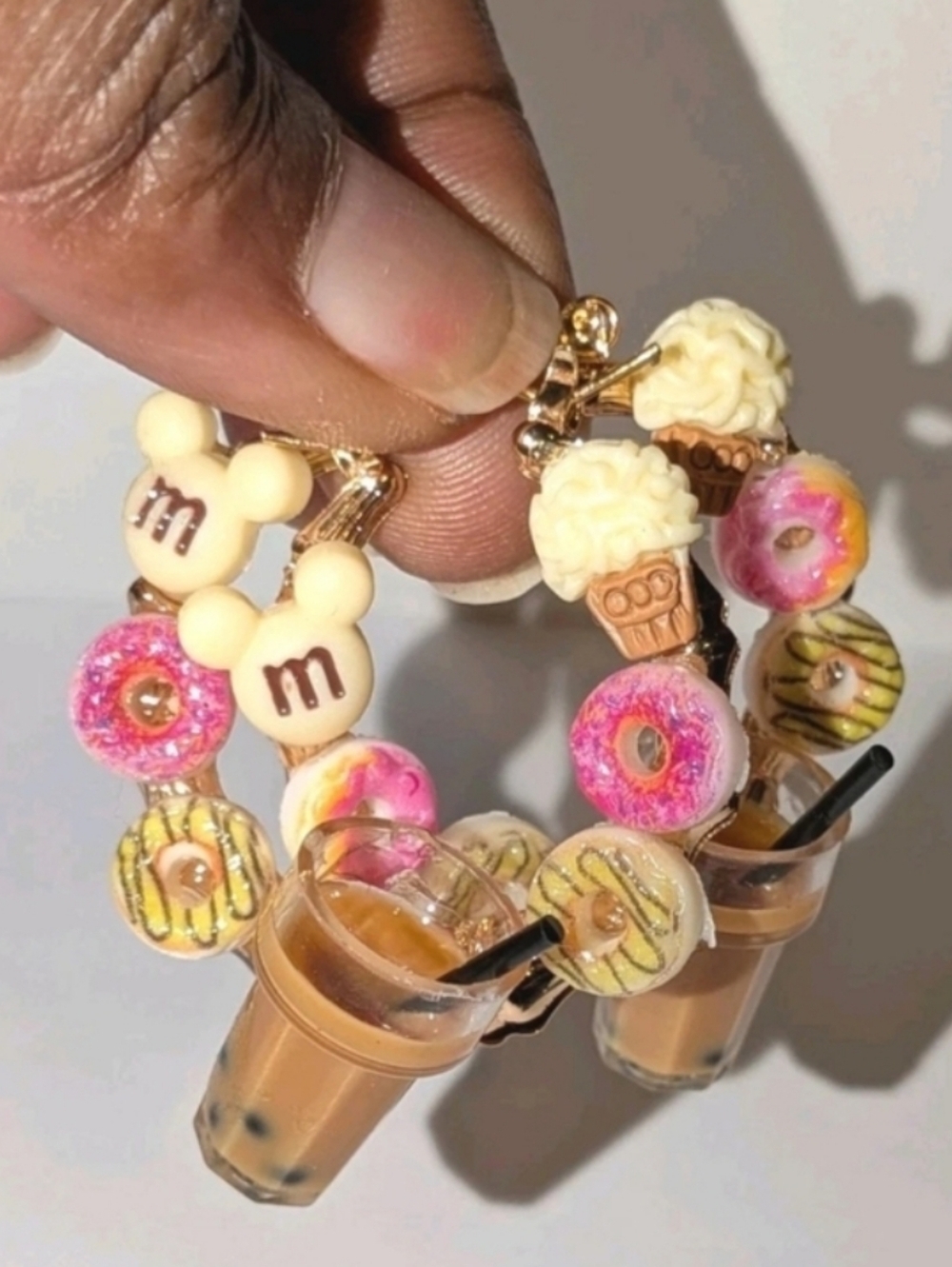 Hand CRAFTED Cute Dessert Charm Hoop Earrings with Pink & Cream Accents